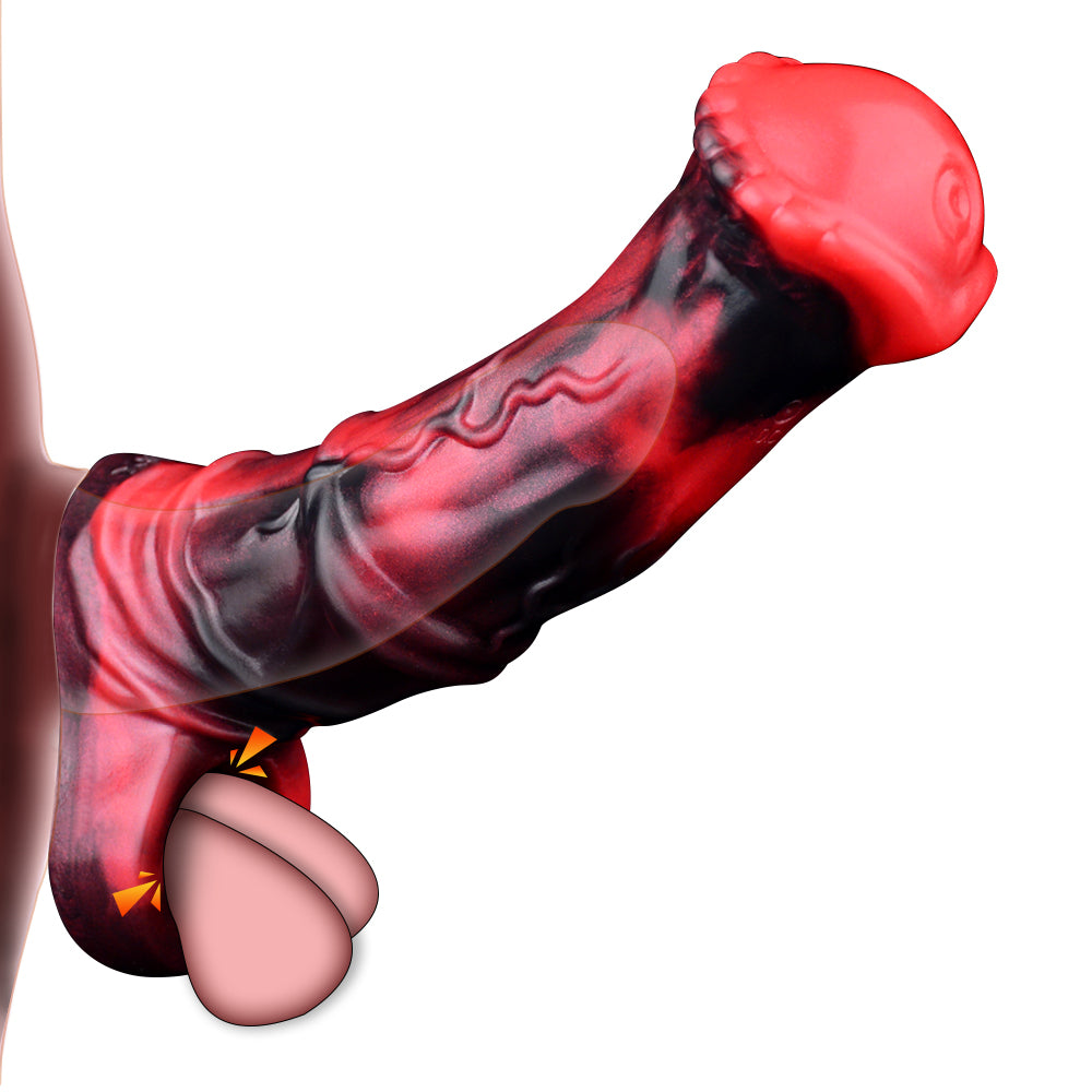 Leo 7.2" × 1.7" Extra-Thick Fantasy Black and Red Vibrating Realistic Penis Sleeve Extender