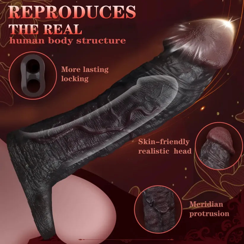Jay 8.8"×2.2" Premium Black Realistic Silicone Penis Extender Sleeve-Huge Silicone Penis Sleeve