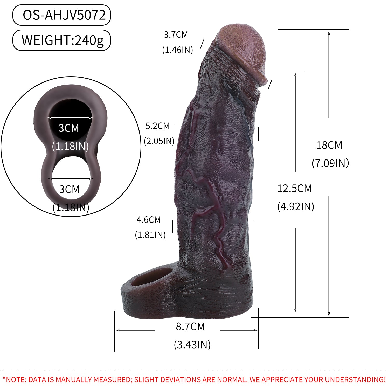 Jude 7"× 2" Black Vibrating Realistic Penis Extender Sleeve