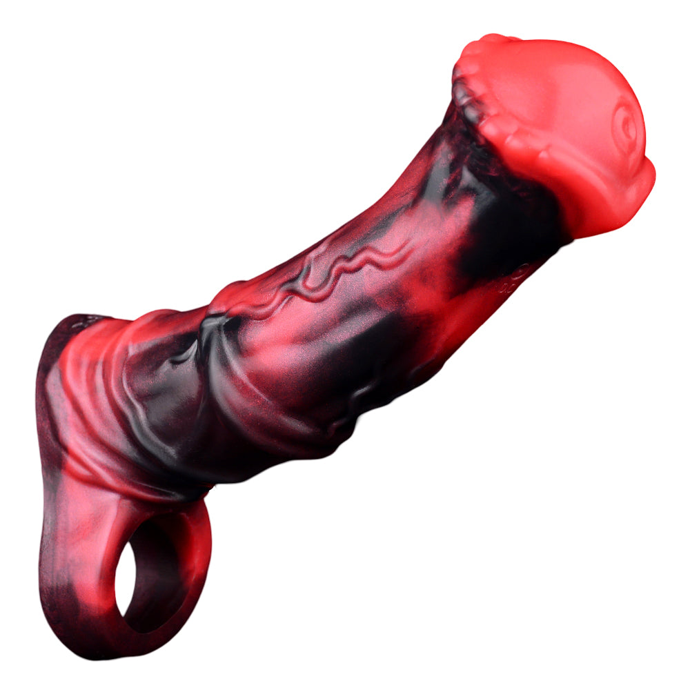 Leo 7.2" × 1.7" Extra-Thick Fantasy Black and Red Vibrating Realistic Penis Sleeve Extender